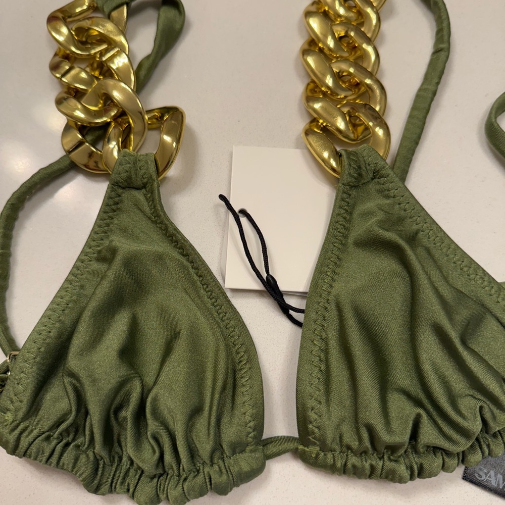SAME Olive Green Bikini Top with Gold Chain Straps XS